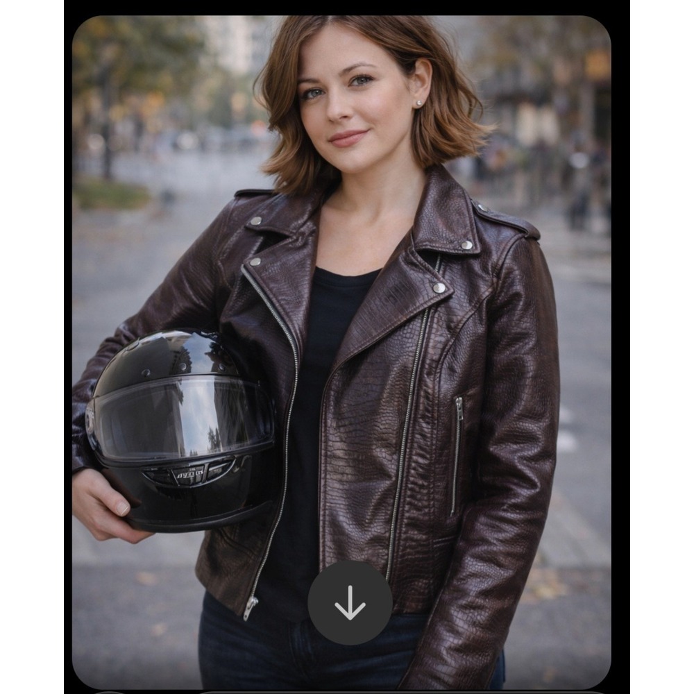 NWT  BB Dakota Women's Faux Leather Croc Embossed‎ Moto Biker Jacket Brown
